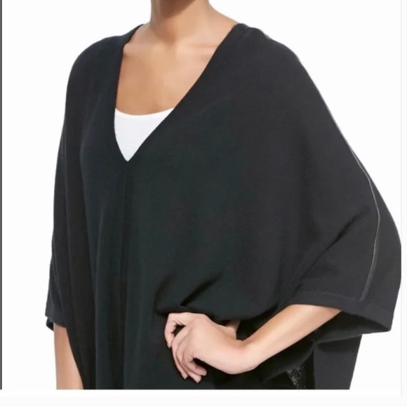VINCE Pancho cape sweater deep V neck black cashmere leather accent M/L - Picture 2 of 16